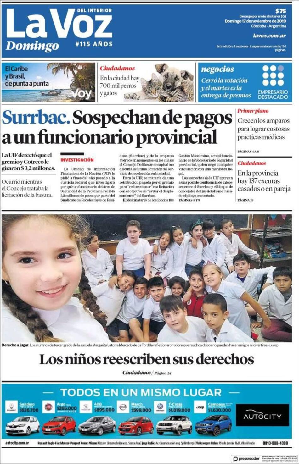Tapas de diarios, La Voz, domingo 17 de noviembre de 2019