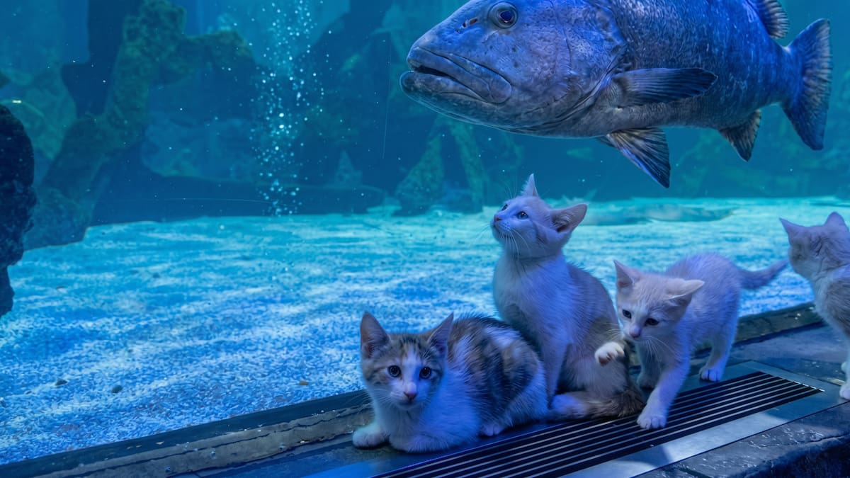 Los pequeños gatitos exploraron el acuario antes de su apertura al público y se encontraron cara a cara con tiburones, tortugas y rayas.