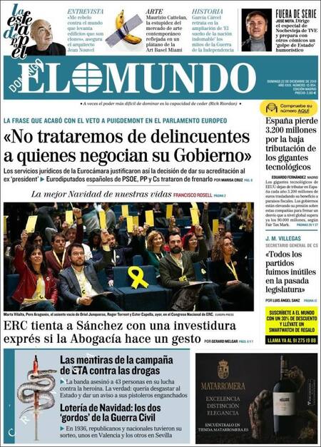 Tapa de diarios, El Mundo, domingo 22 de diciembre