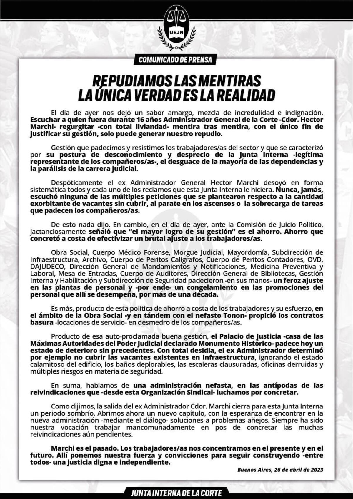 Respuesta de la Corte Suprema a los dichos de Hector Marchi.