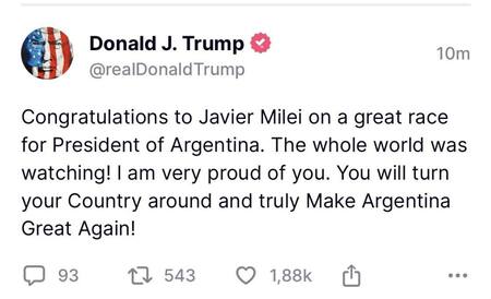 Donald Trump celebró el triunfo de Javier Milei. Foto: Truth Social.