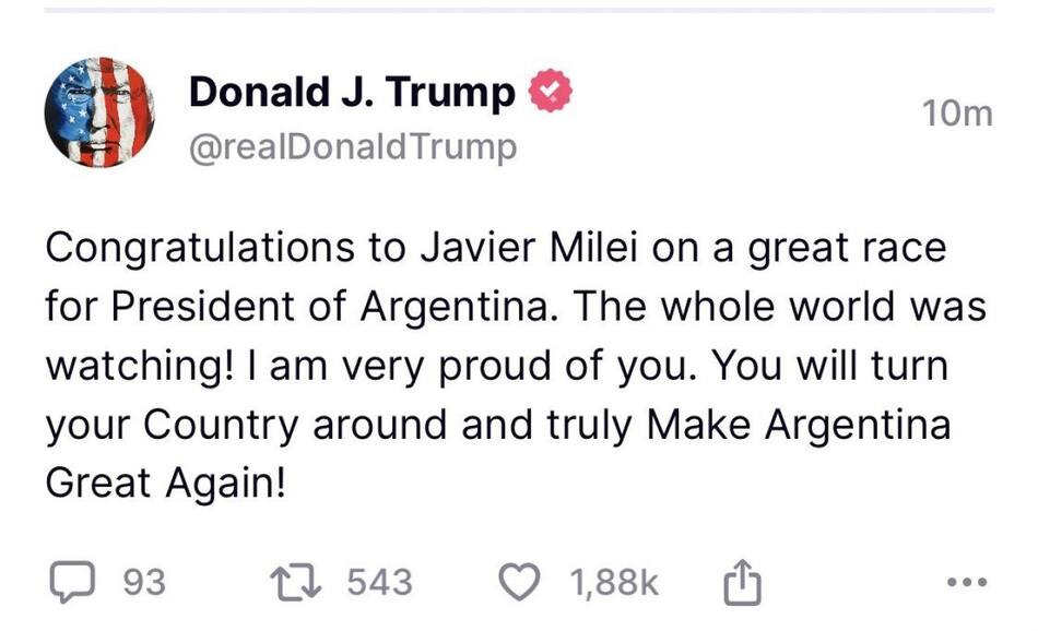 Donald Trump celebró el triunfo de Javier Milei. Foto: Truth Social.