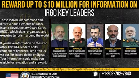 EEUU ofrece 10 millones de dólares de recompensa por información sobre los líderes militares de Irán