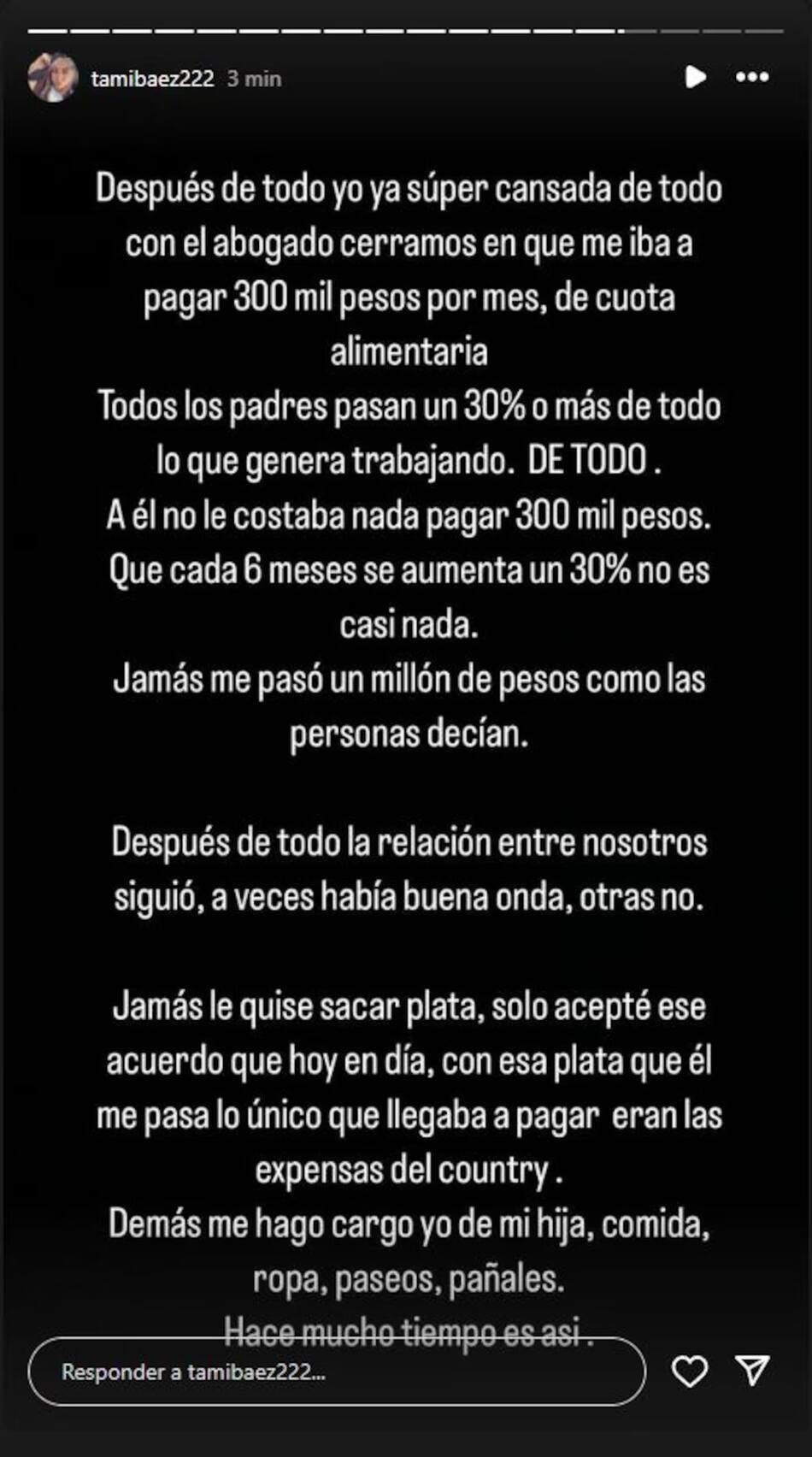 El descargo de Tamara Báez contra L-Gante. Foto: Captura Instagram.