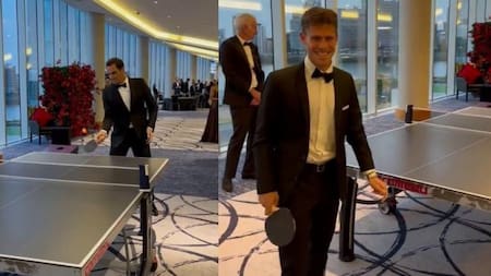 Ping Pong entre Diego Schwartzman y Roger Federer en la previa de la Laver Cup. Foto: NA.