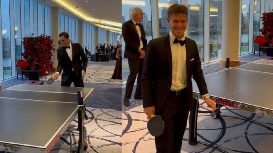 Ping Pong entre Diego Schwartzman y Roger Federer en la previa de la Laver Cup. Foto: NA.