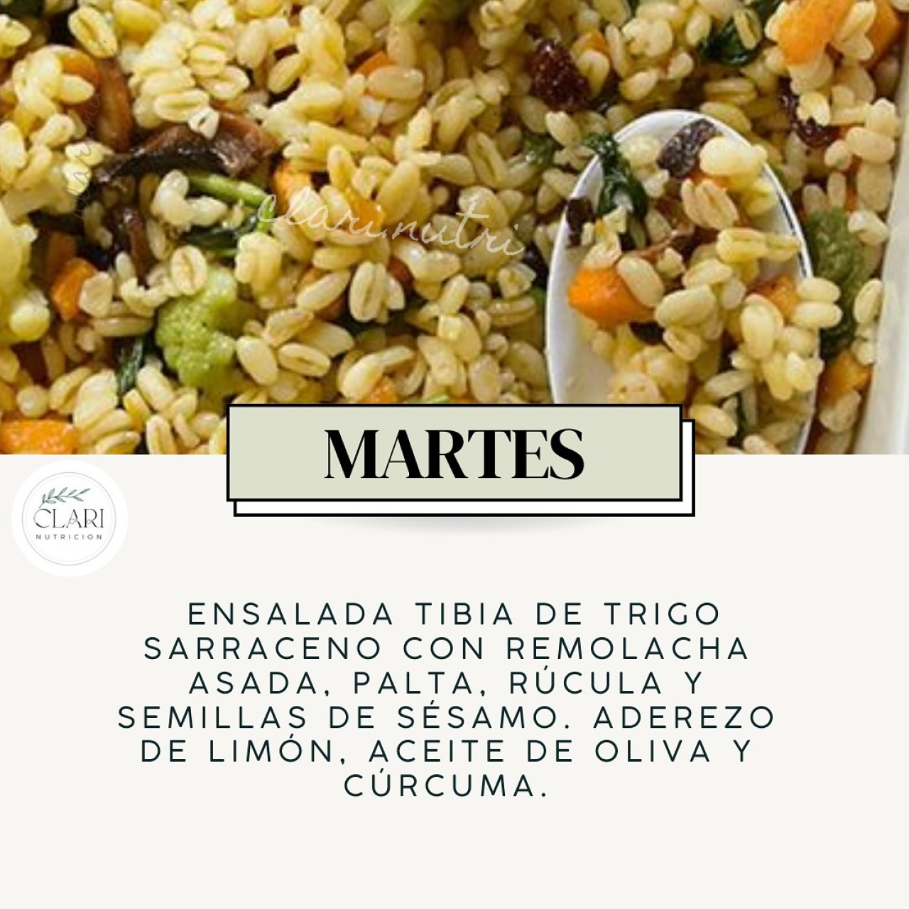 Ideas de almuerzo o cena antiinflamatorio. Foto Instagram @clari.nutri