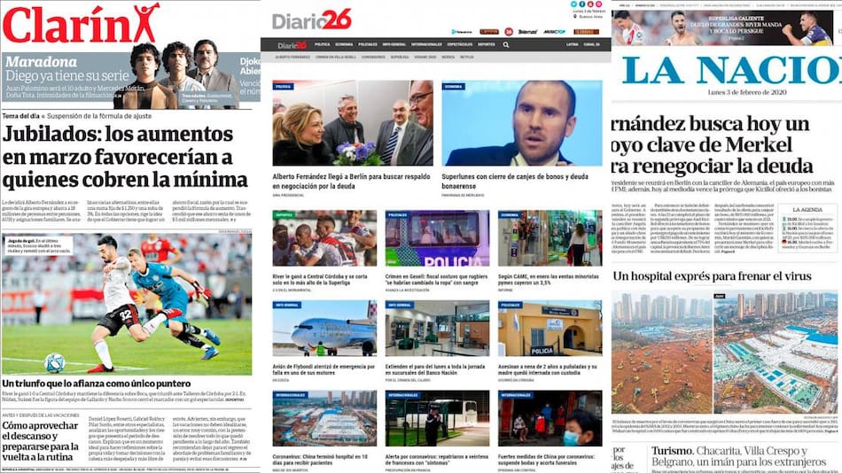 Tapas de diarios argentinos, Diario26, lunes 03-02-20