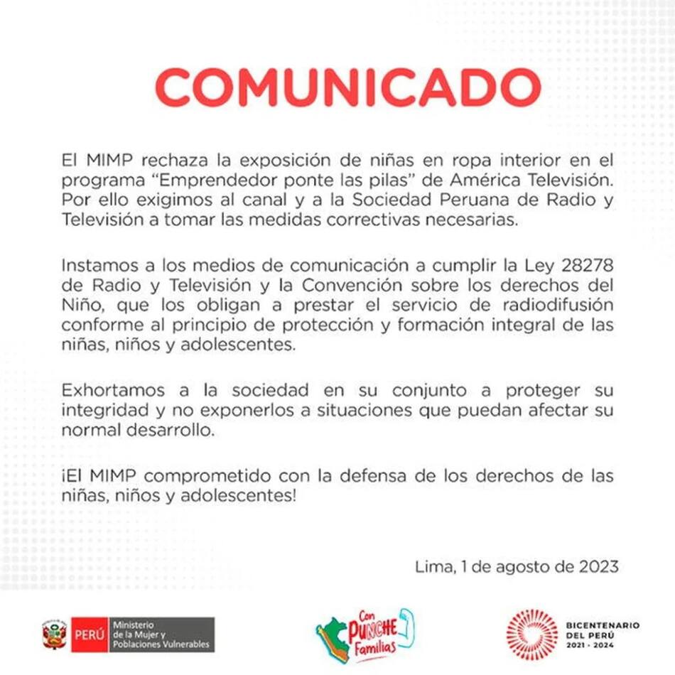 Comunicado oficial del programa. Foto: redes sociales