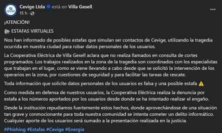 Alertan por estafas tras el derrumbe en Villa Gesell. Foto: Facebook Cevige Ltda