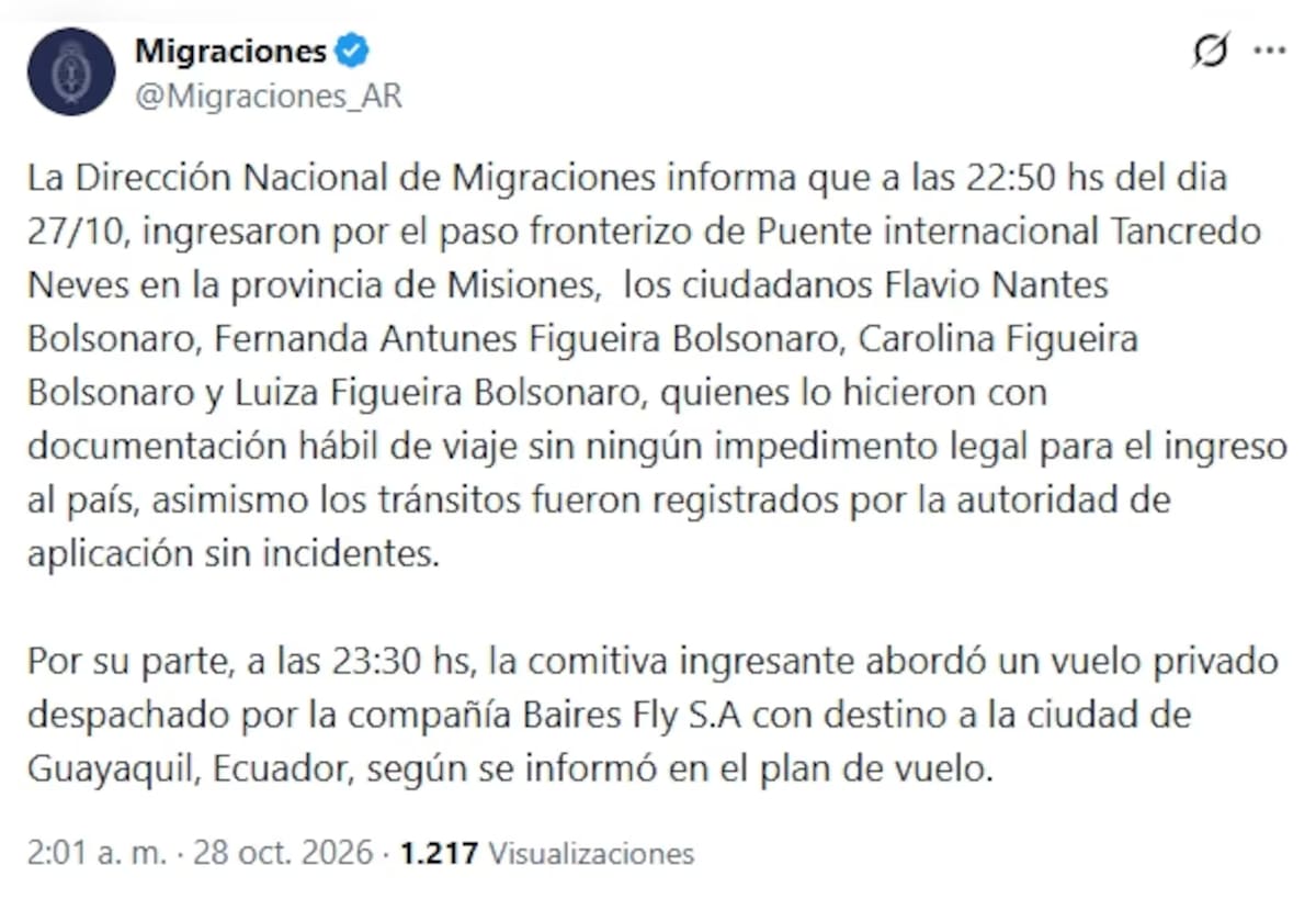 Migraciones confirmó que Flávio Bolsonaro entró a la Argentina.