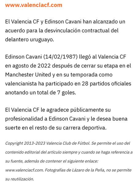 Comunicado del Valencia por la salida de Edinson Cavani. Foto: Sitio oficial del Valencia.