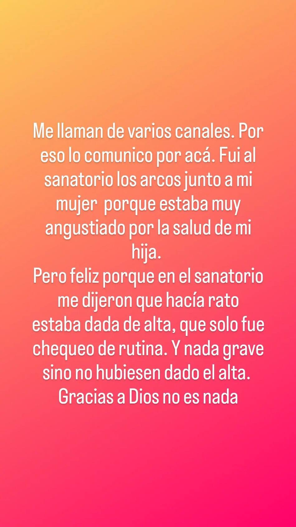 La publicación de Andrés Nara sobre el estado de salud de Wanda. Foto: Instagram @andres_r_nara.