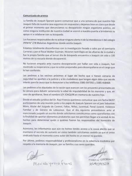 El comunicado de los padres de Joaquín. Foto: (Facebook/ FM Panamericana)