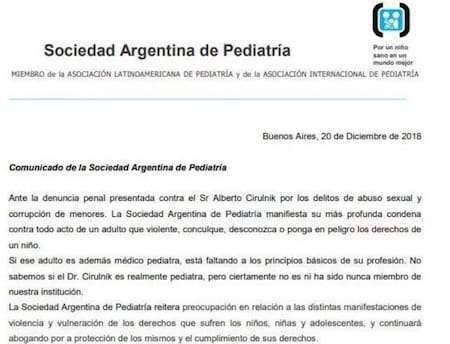 Repudio de la Sociedad Argentina de Pediatría para con Alberto Cirulnik: