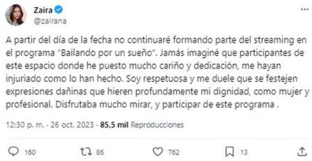 El descargo de Zaira Nara en las redes. Foto captura.