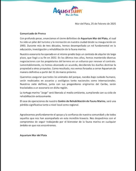 El comunicado oficial sobre el cierre del Aquarium de Mar del Plata. Foto: Instagram @aquariummdp
