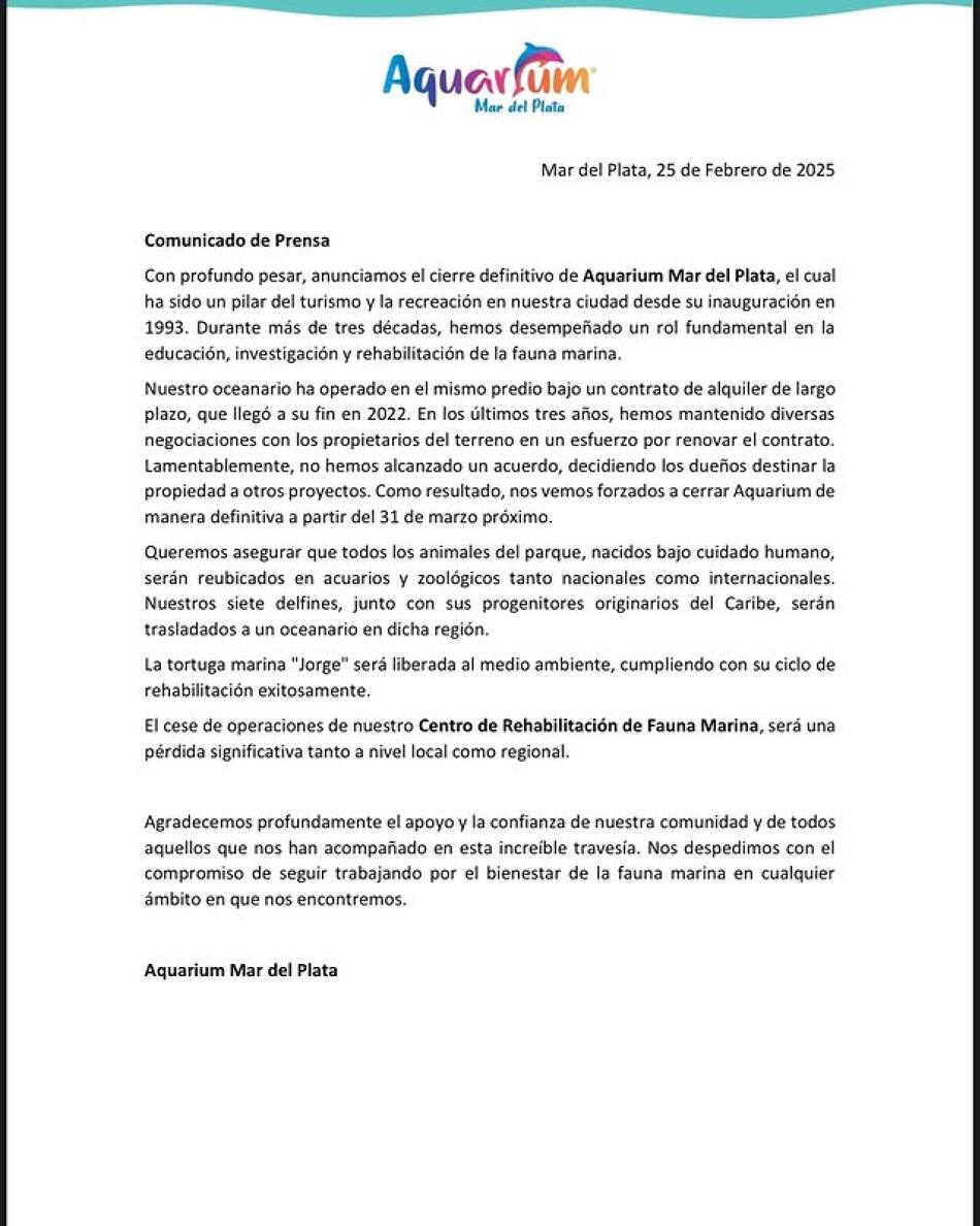 El comunicado oficial sobre el cierre del Aquarium de Mar del Plata. Foto: Instagram @aquariummdp