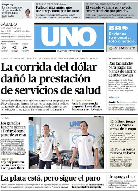 Tapas de Diarios, UNO, Sábado 17-8-19