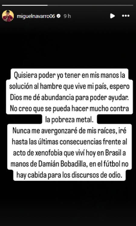 El descargo de Miguel Navarro tras ser discriminado. Foto: captura Instagram.