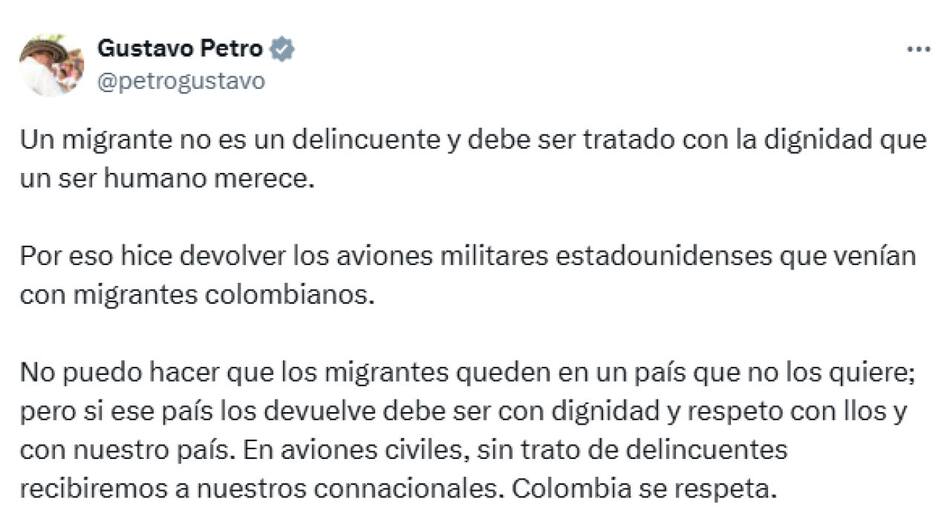 Tuit de Gustavo Petro contra el maltrato de deportados colombianos. Foto: X/@petrogustavo.