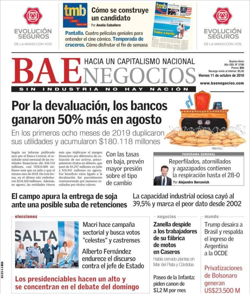 Tapas de diarios, BAE Negocios, viernes 11-10-19