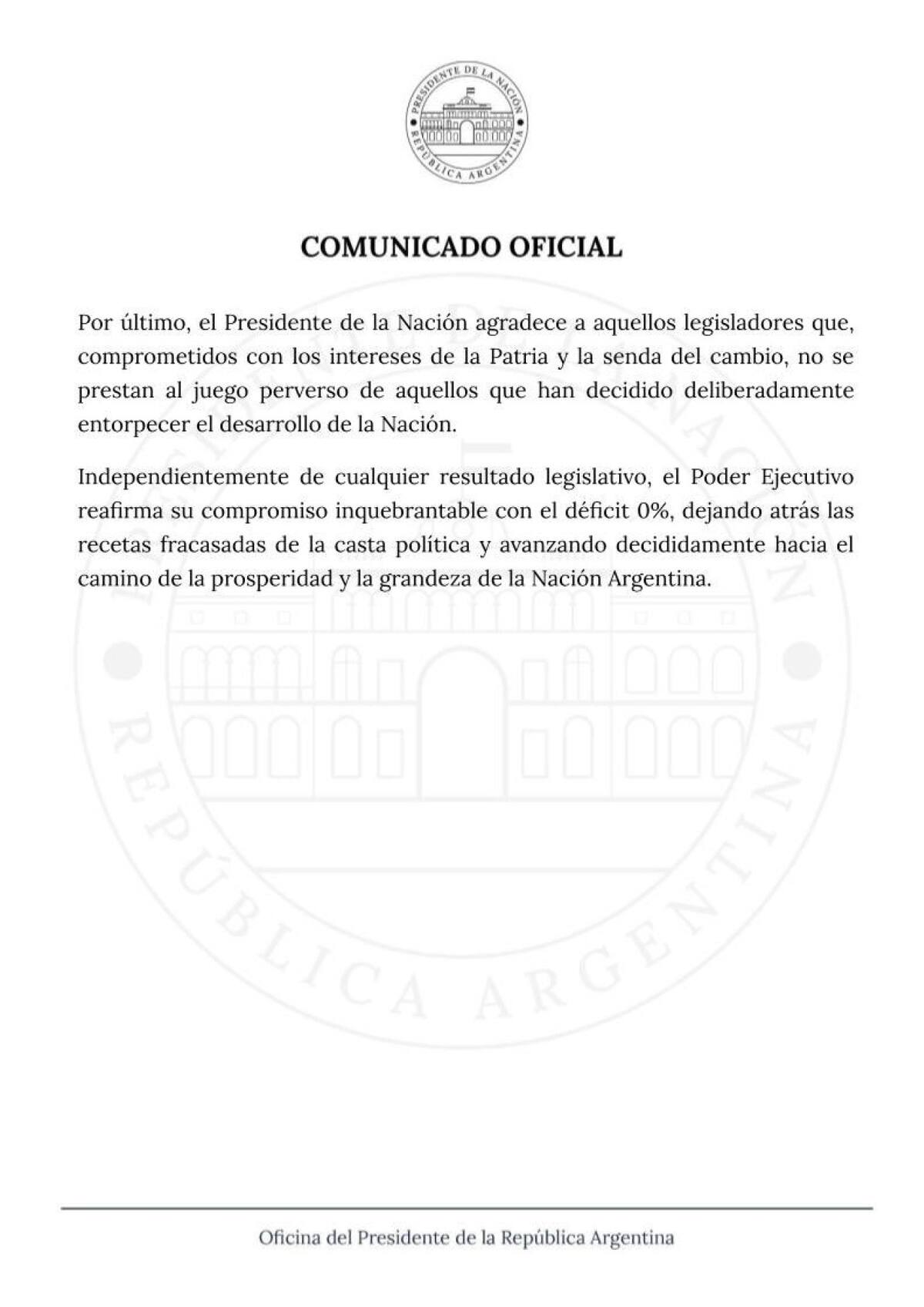 Comunicado del gobierno de Javier Milei en la previa al debate en el Senado por el DNU - Parte 2. Foto: @OPRArgentina.