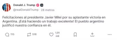 El tweet de Donald Trump tras las elecciones legislativas 2025.