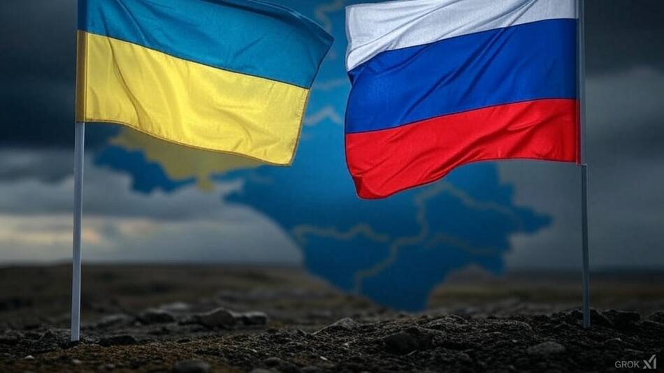 Rusia y Ucrania enfrentadas sobre el mapa de la península de Crimea de fondo, clave en el conflicto. Foto: Grok.