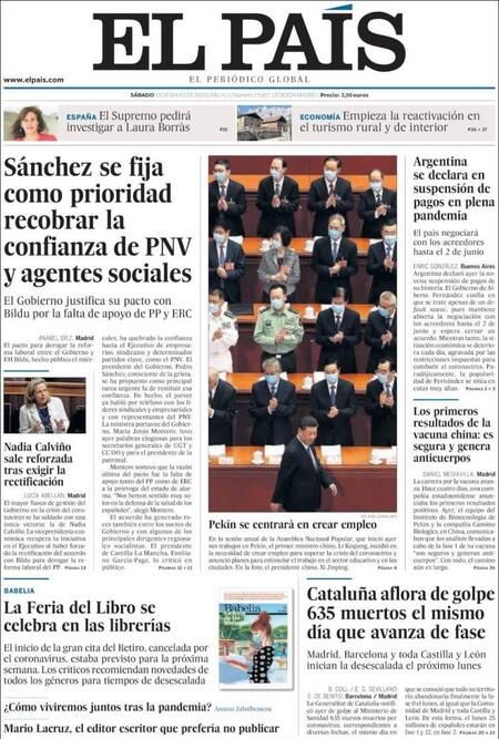 Tapas de diarios, El país, sábado 23 de mayo de 2020