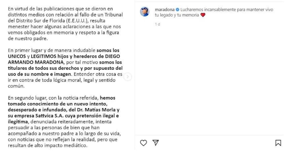 Comunicado de los hijos de Diego Maradona