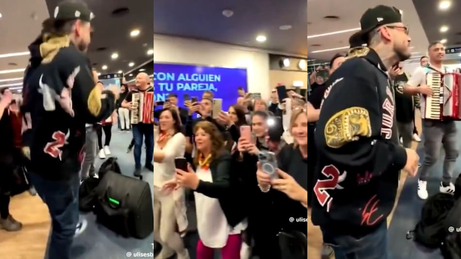Ulises Bueno dio un show improvisado en pleno Aeropuerto de Ezeiza. Fotos: Capturas.