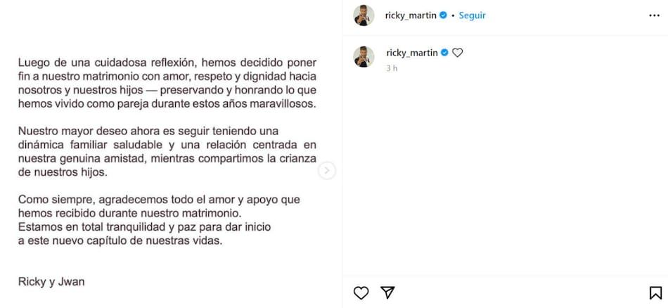 El anuncio de Ricky Martin. Foto: Instagram.