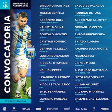 La lista de convocados de la Selección Argentina para enfrentar a Paraguay y Perú. Foto: X.