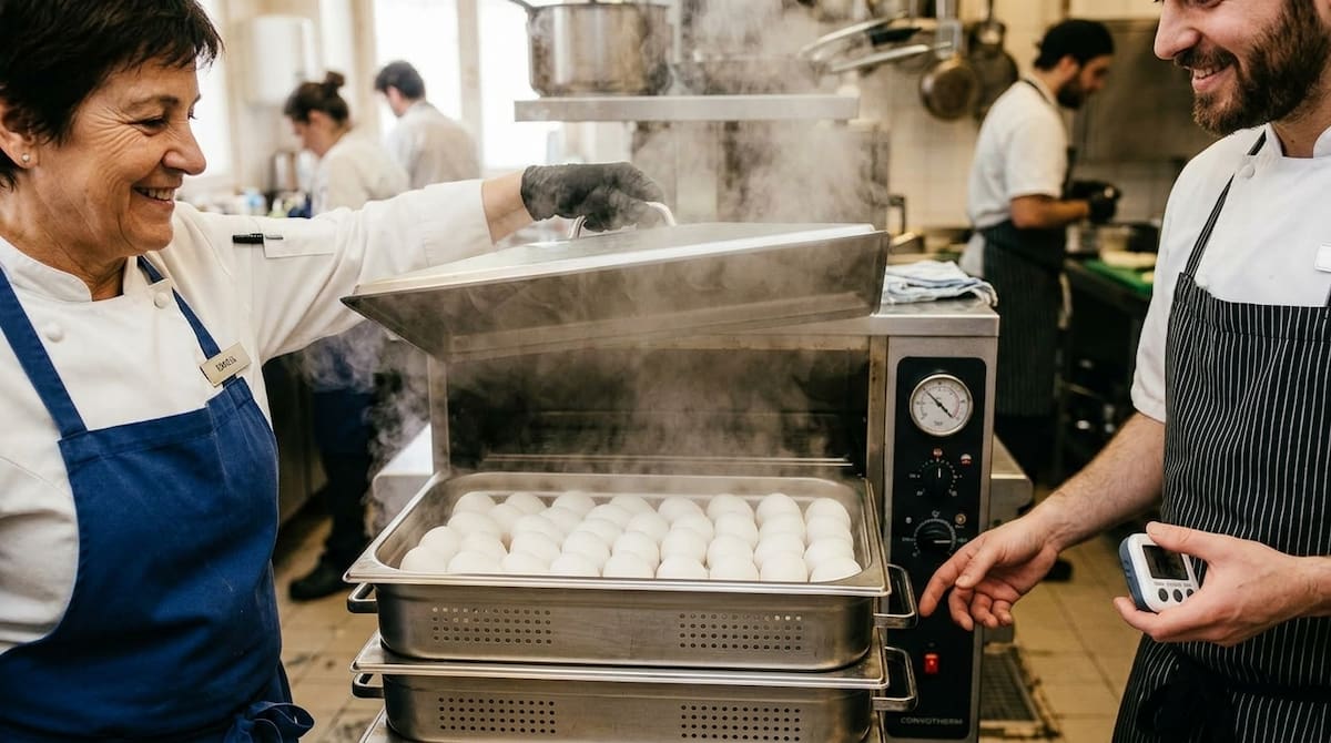 Chefs cocinando huevos duros