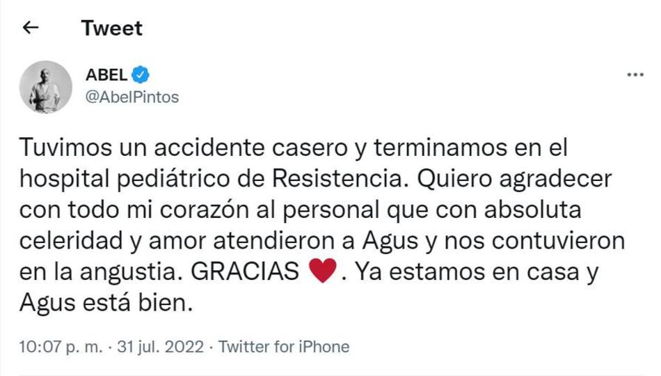 El post de Abel en Twitter. Foto: Twitter AbelPintos.