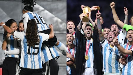 La Scaloneta bancó a la Selección Argentina del fútbol femenino. Fotos: Twitter y NA.