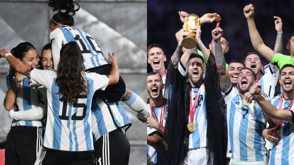 La Scaloneta bancó a la Selección Argentina del fútbol femenino. Fotos: Twitter y NA.