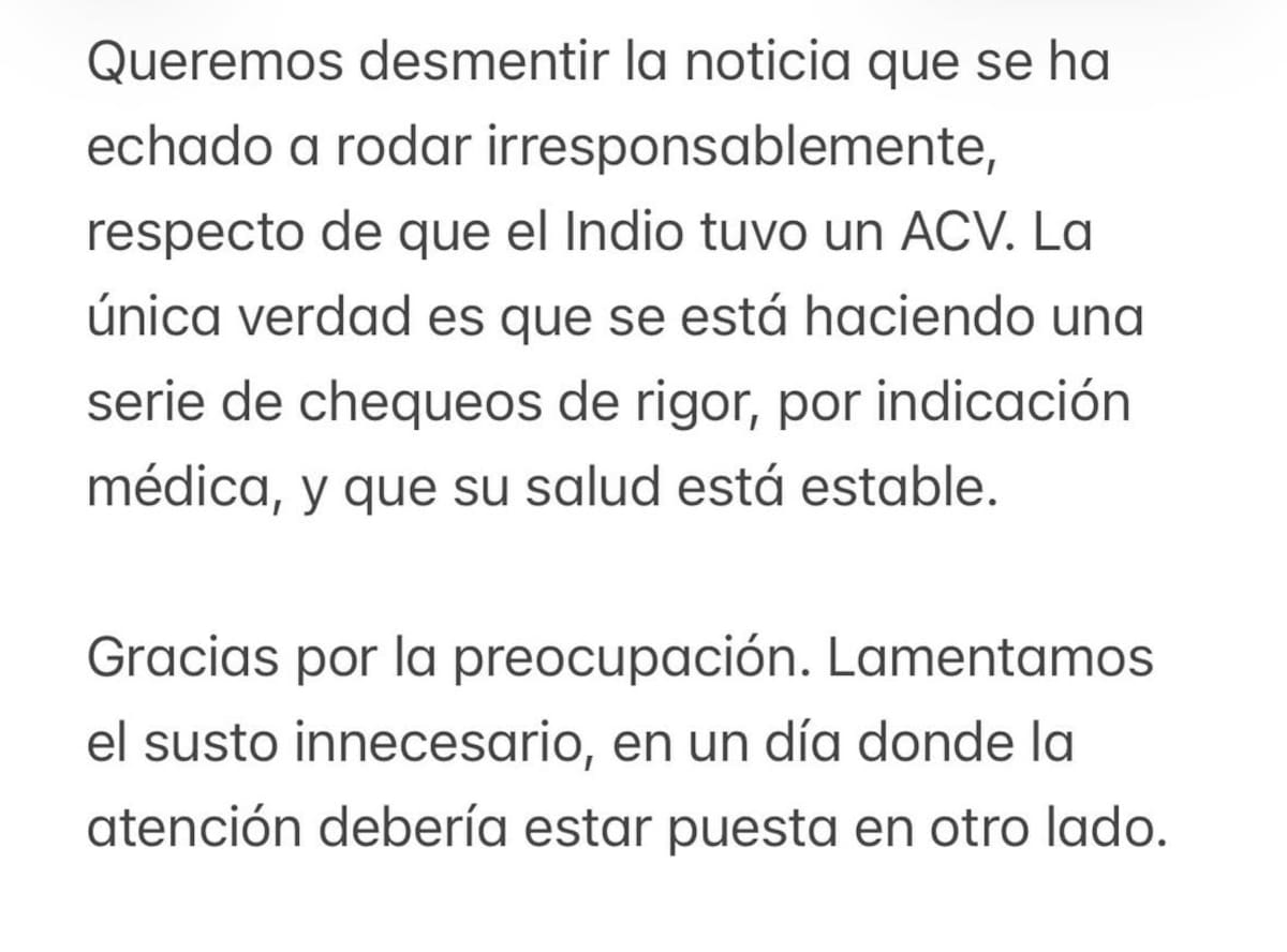 El comunicado de la familia del Indio Solari.