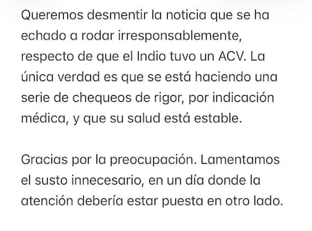 El comunicado de la familia del Indio Solari.