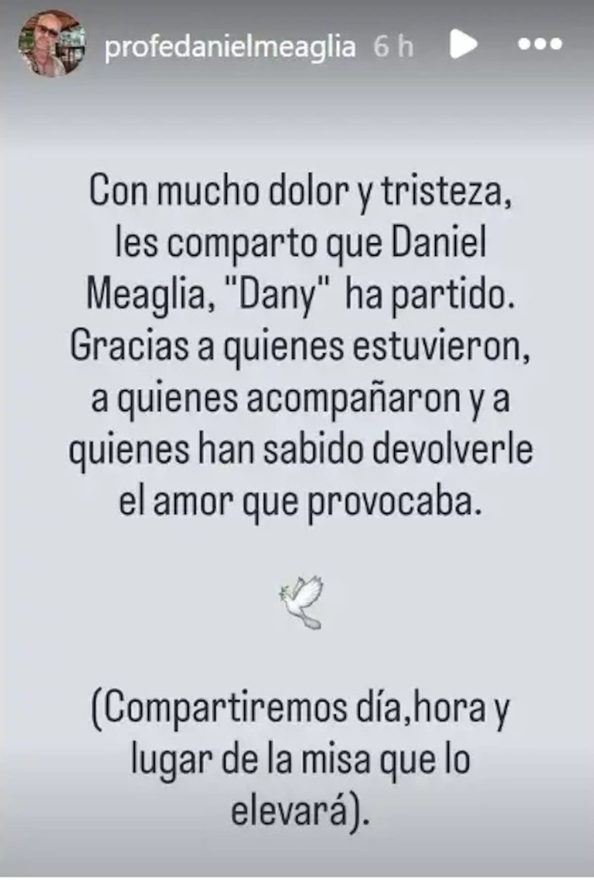 Posteo por la muerte de Daniel Meaglia.