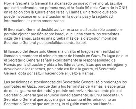 El mensaje de Gilad Erdan en su cuenta de Twitter. Foto: Twitter.