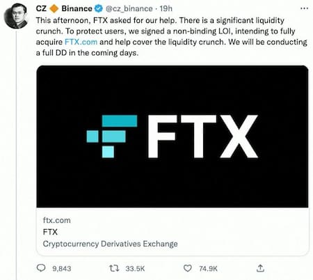 El tuit del CEO de Binance sobre la caída de FTC. Foto: Reuters.