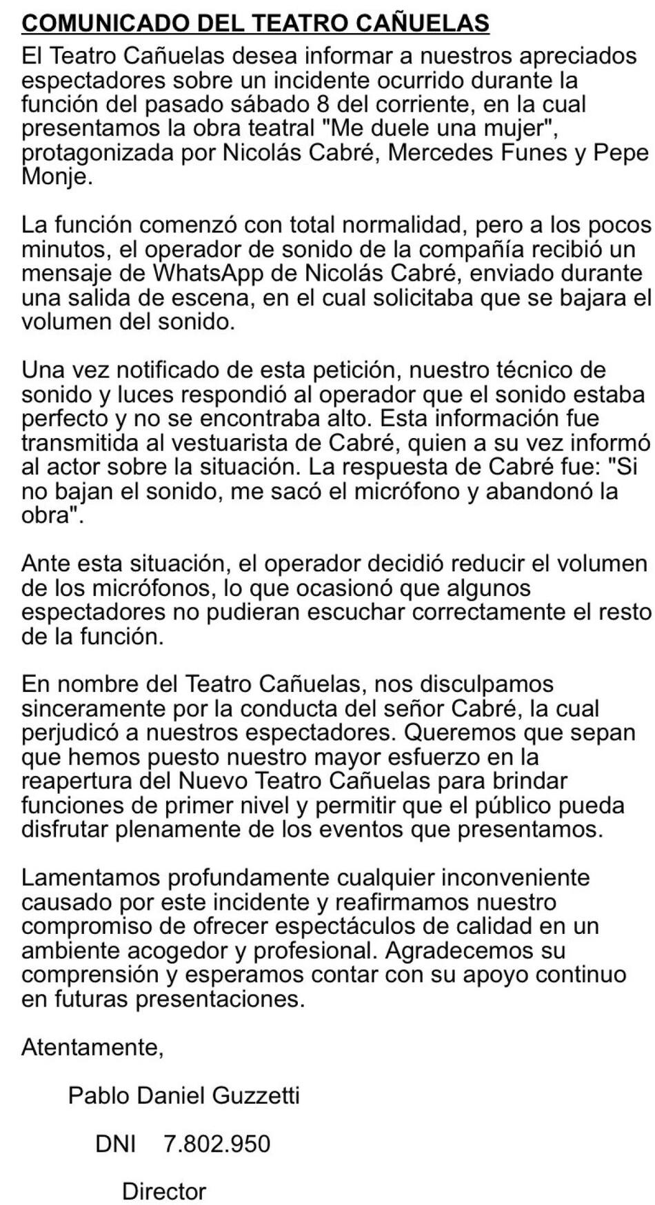 Comunicado del teatro. Foto: Twitter.
