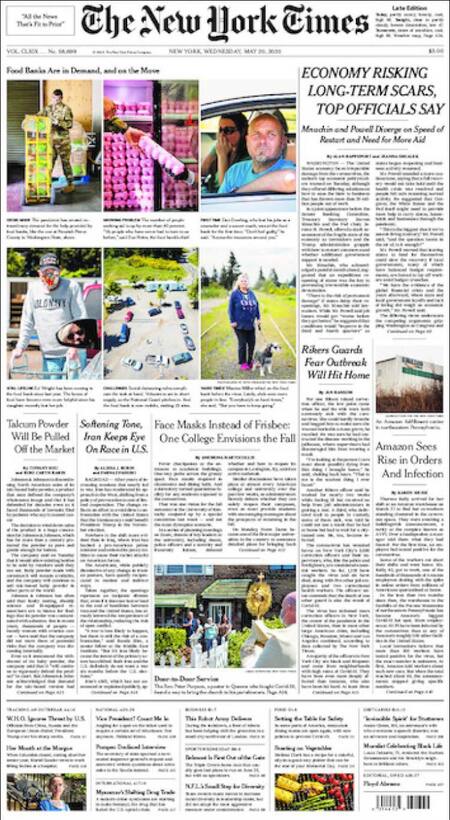 Tapas de diarios, The New York Times, miércoles 20 de mayo de 2020