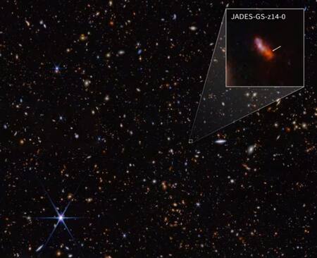 James Webb observa la galaxia más antigua conocida, 290 millones de años tras el Big Bang. Foto: NASA.