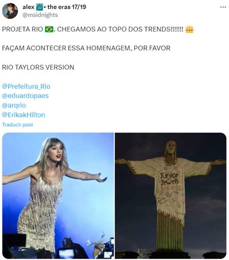 Las fans brasileras de Taylor quieren vestir al Cristo Redentor para recibirla. Foto: X.