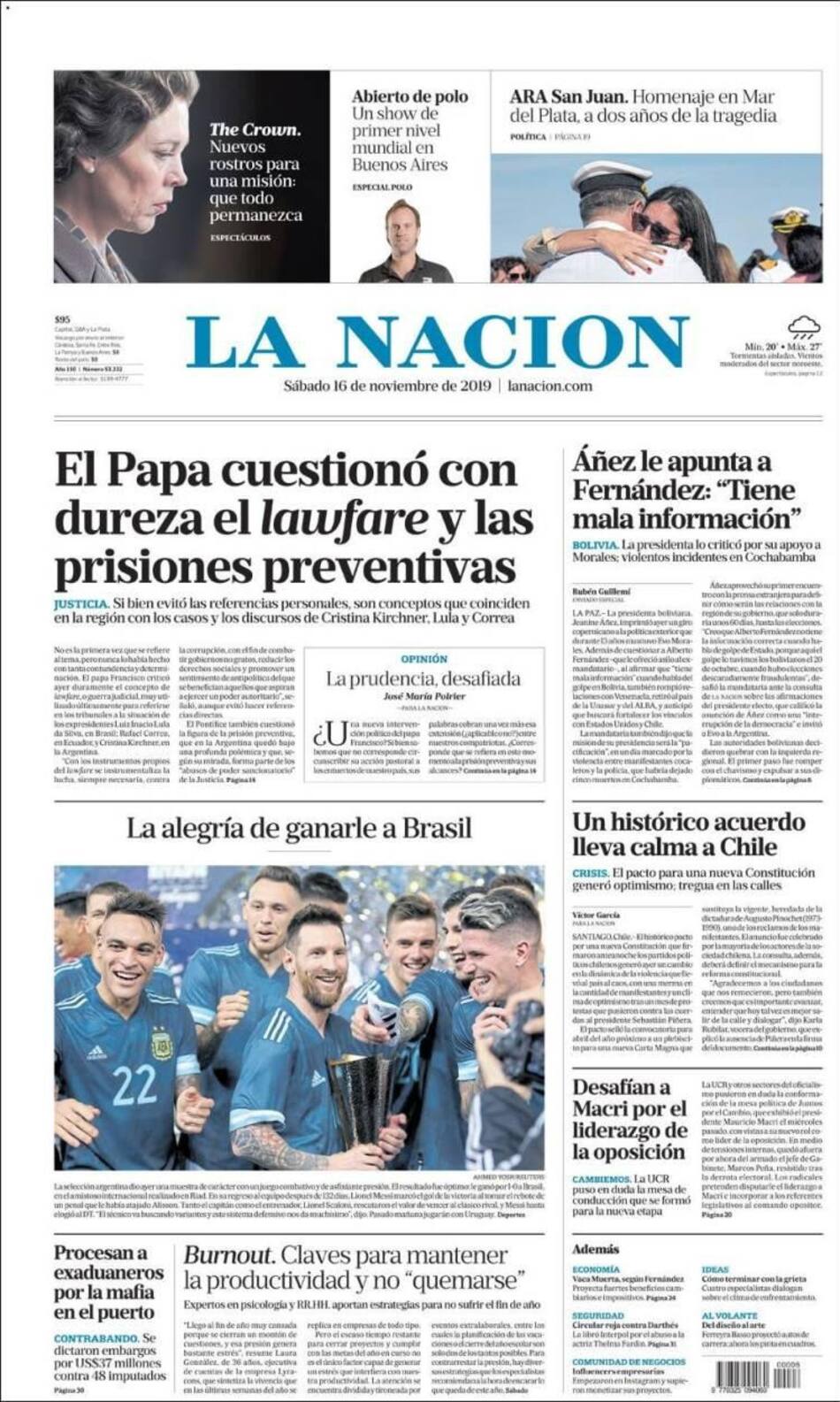 Tapas de diarios, La Nación, sábado 16 de noviembre de 2019