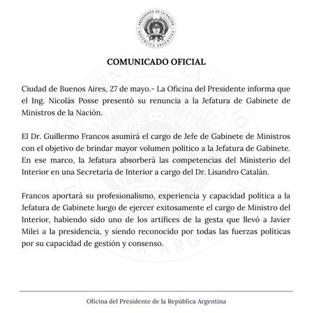 El comunicado de la Oficina del Presidente. Foto: X @OPRArgentina