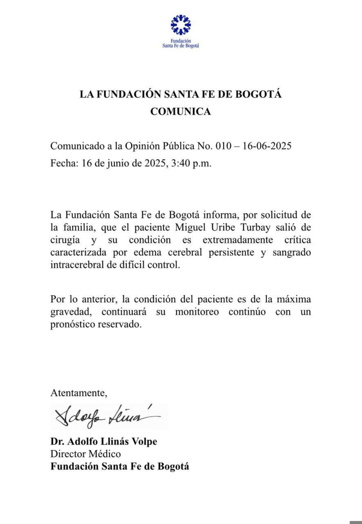 El comunicado oficial sobre el estado de salud de Miguel Uribe Turbay. Foto: EFE.